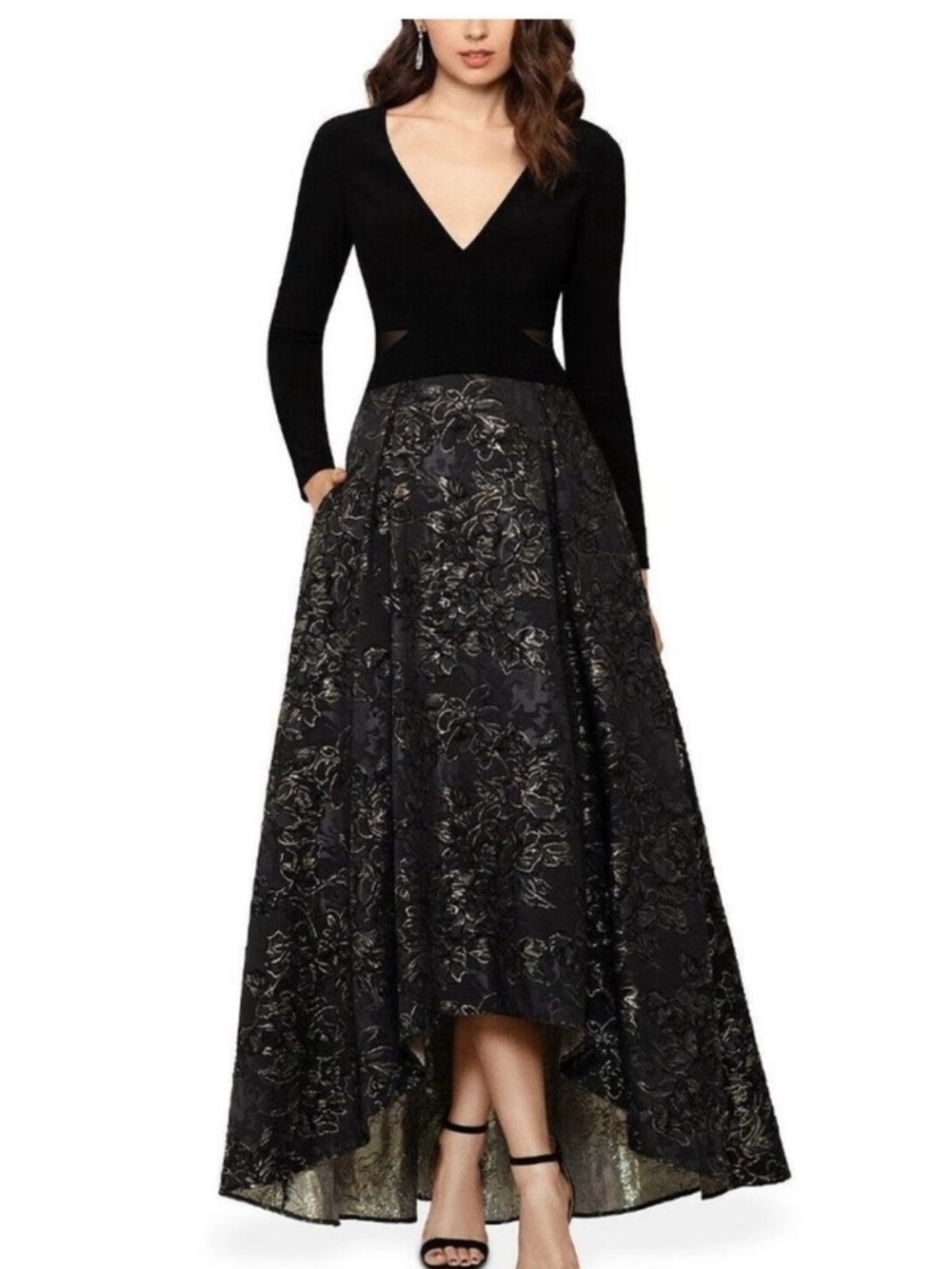 XSCAPE  Black & Met. Gold Brocade V-Neck High-Low Long Sleeve Formal Dress Sz 12